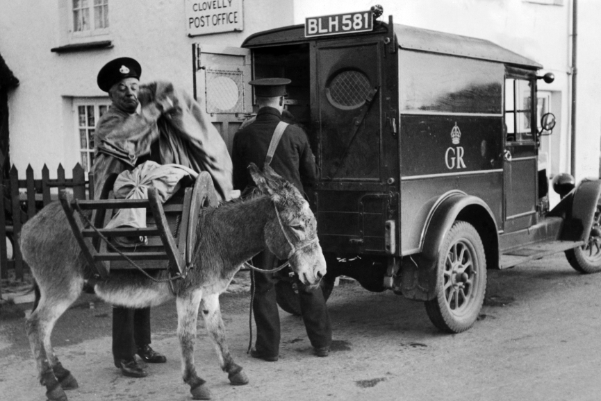 Postal collections from Clovelly Post Office, Devon, photographed in 1935. Found in our Photo Collection.