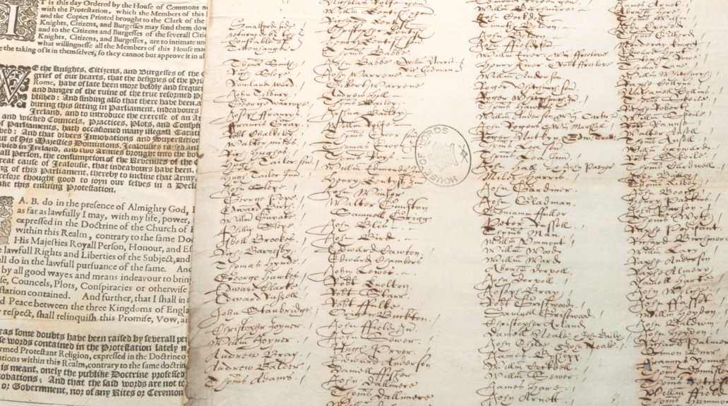 An example of a list of signatures from the 1641 Protestation Returns.