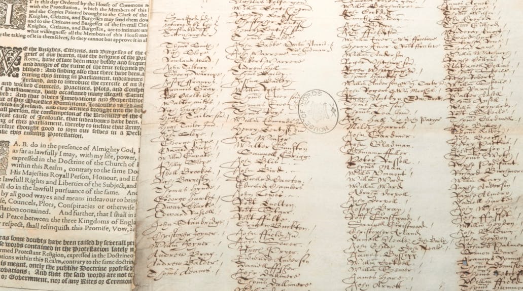 An example of a list of signatures from the 1641 Protestation Returns.