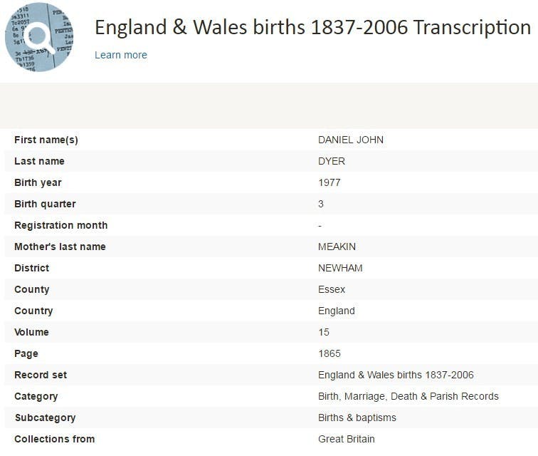 Danny Dyer's birth record