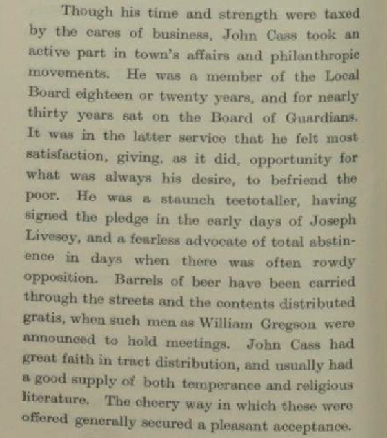 An incredible section of the memoir of John Cass, detailing his philanthropy and teetotal lifestyle.