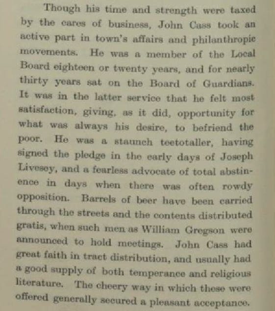 An incredible section of the memoir of John Cass, detailing his philanthropy and teetotal lifestyle.