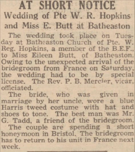 A wedding notice featured in the Bath Chronicle and Weekly Gazette, 1940.