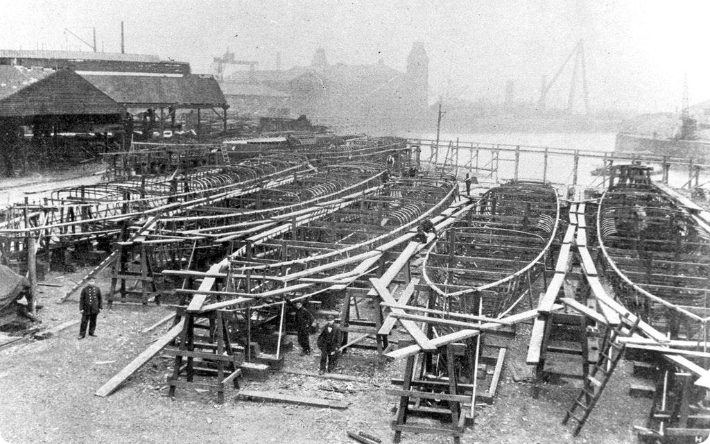 The Thames Ironworks, pictured building Romanian Torpedo Vedette Boats, 1906.