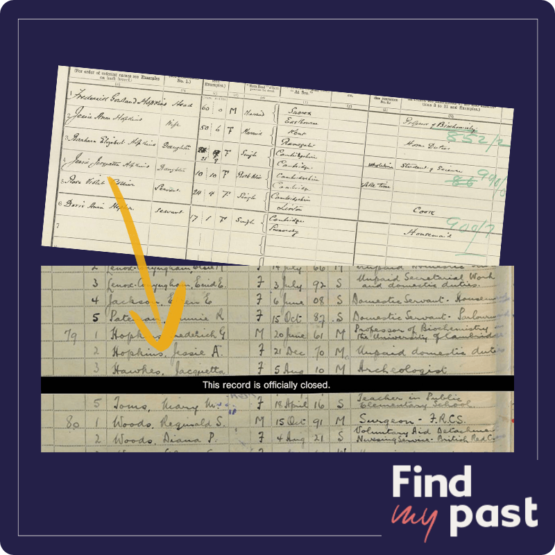 Jacquetta Hawkes as a 10-year-old in the 1921 Census, and then listed as an archeologist in the 1939 Register.