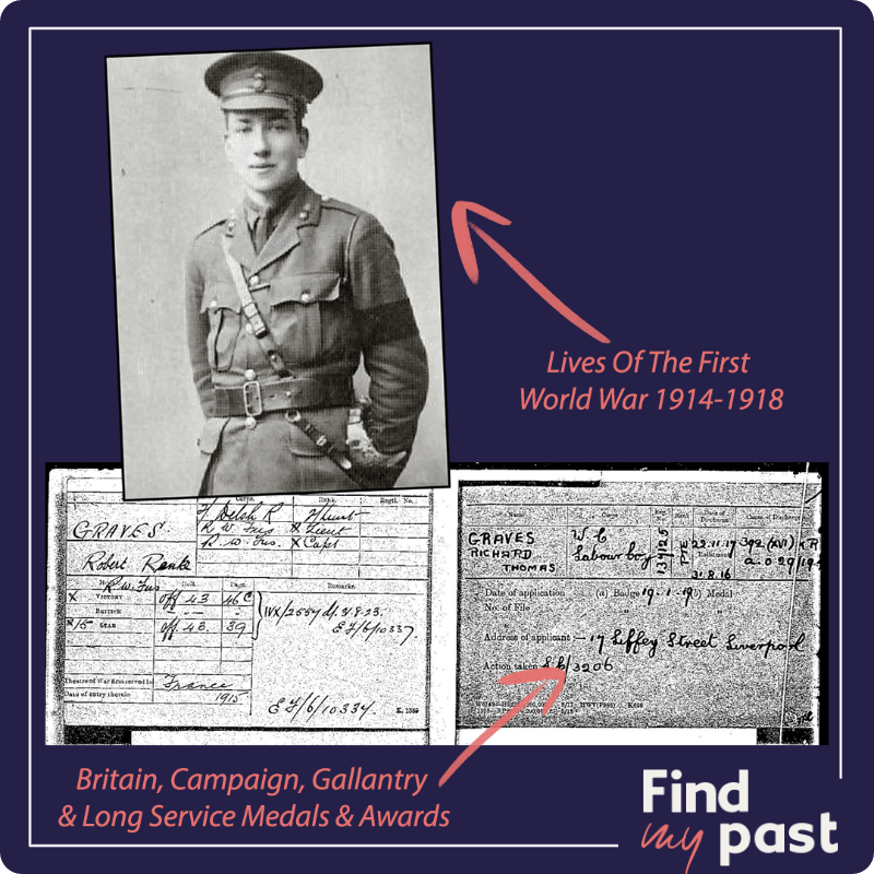 A photo of Robert Graves from the Lives of the First World War collection, alongside two of his medal cards.