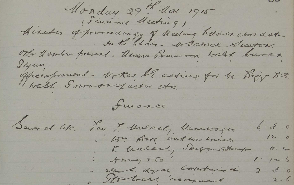 Minutes from a finance meeting in 1915, Waterford