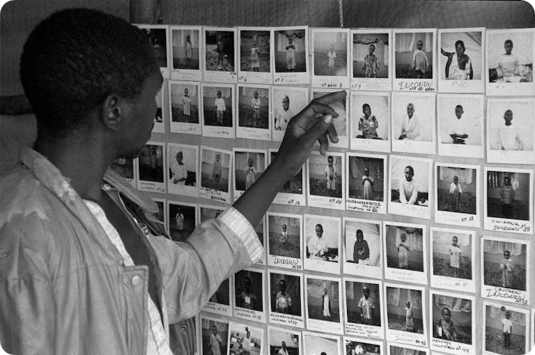 A photo of the Red Cross investigation set up in 1994 to trace victims of the Rwandan genocide.