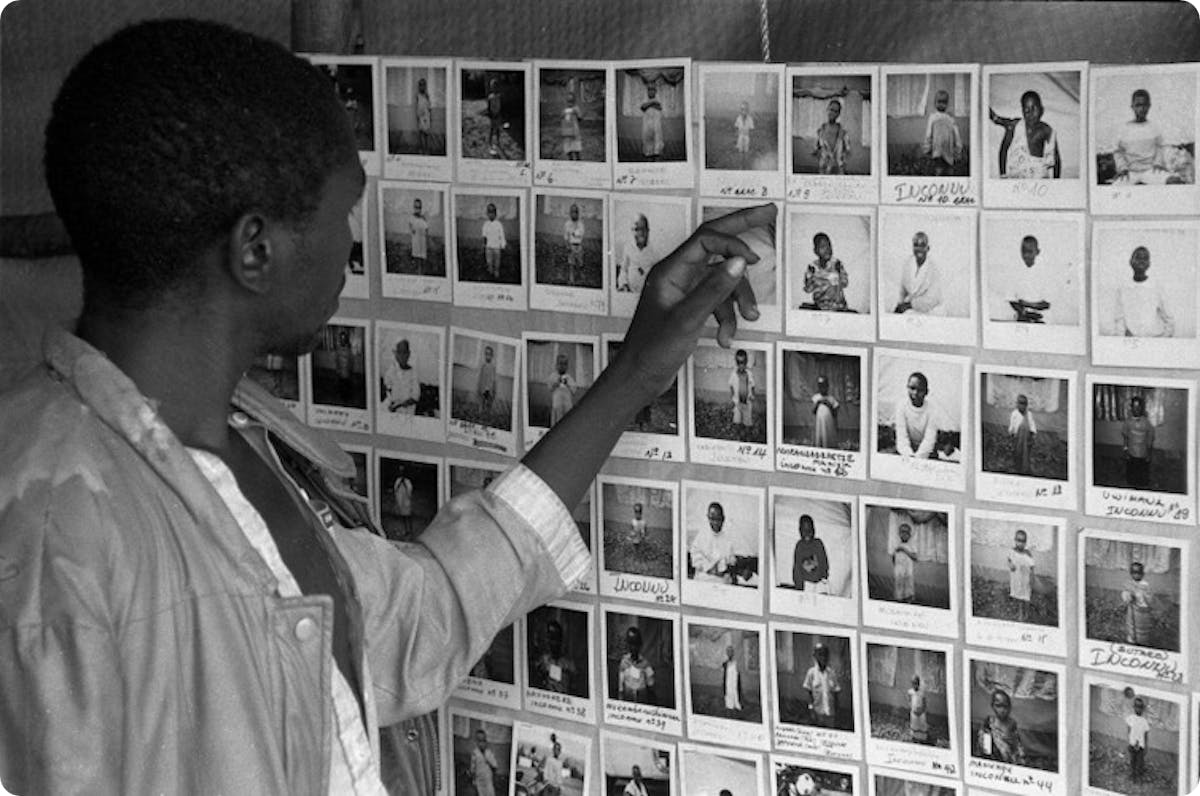 A photo of the Red Cross investigation set up in 1994 to trace victims of the Rwandan genocide.