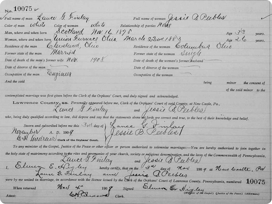 Marriage of Lance Finlay to Jessie Peebles in 1909