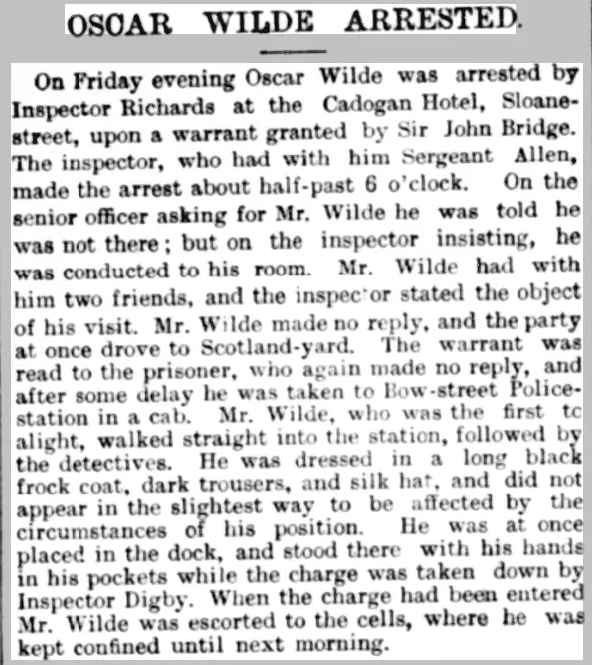 Oscar Wilde's arrest, detailed in the Warminster & Westbury journal, and Wilts County Advertiser, 1895.