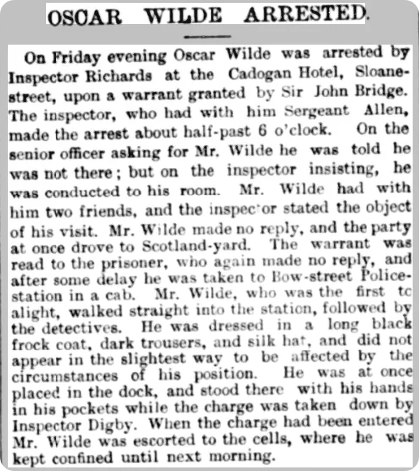 Oscar Wilde's arrest, detailed in the Warminster & Westbury journal, and Wilts County Advertiser, 1895.