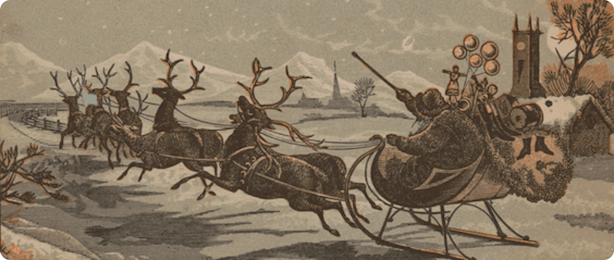 A Victorian trade card featuring Santa's sleigh, c.1880-1890.