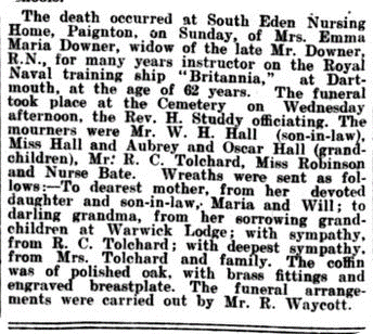 Emma’s obituary in the Brixham Western Guardian, 7 October 1909. 