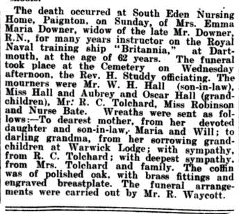 Emma’s obituary in the Brixham Western Guardian, 7 October 1909.