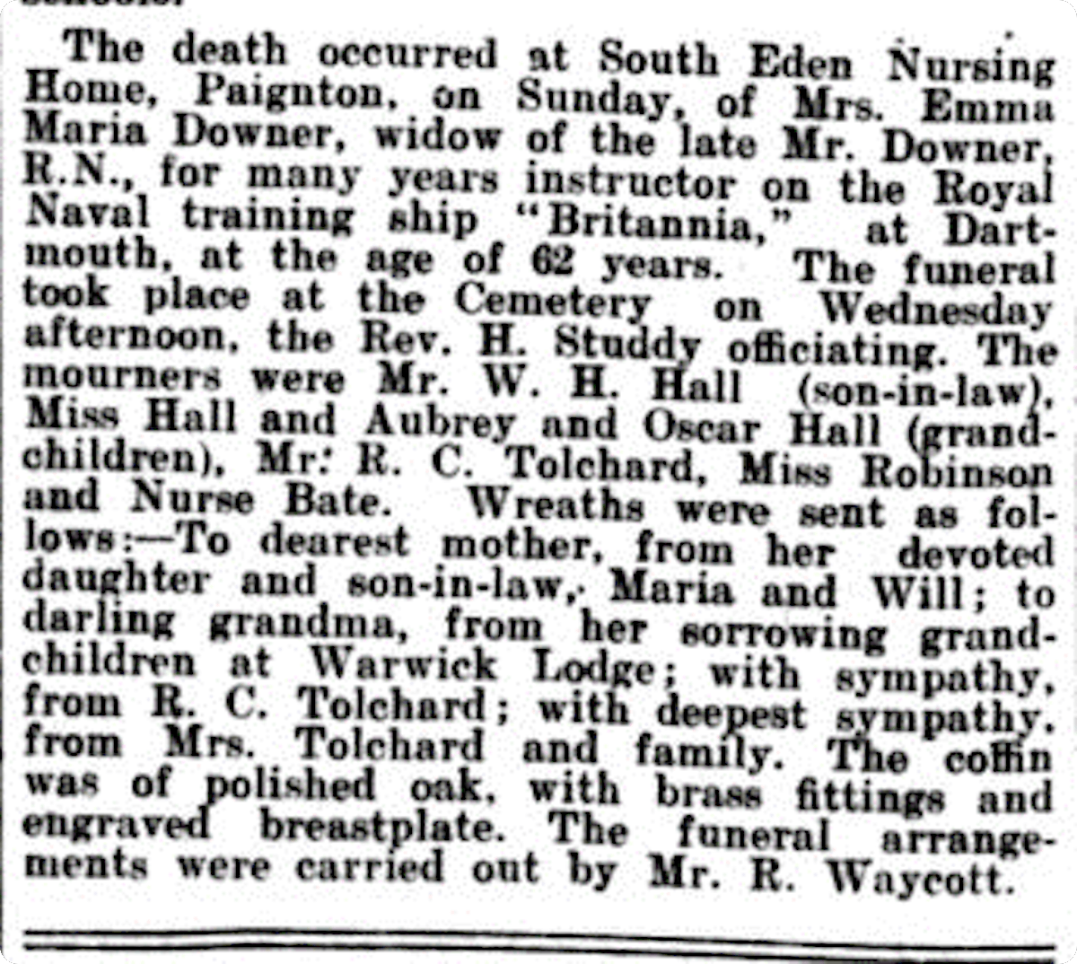 Emma’s obituary in the Brixham Western Guardian, 7 October 1909. 