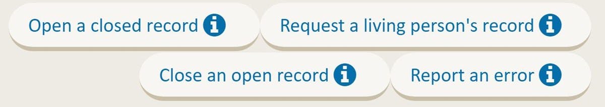 Using those buttons, you can request a record to be opened or closed. You can also request a living's person record or report an error in the transcription.
