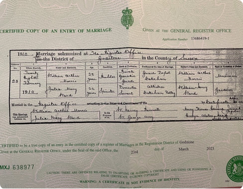 The marriage certificate of William Morris and Julia Ward, Julie Andrews' maternal grandparents.