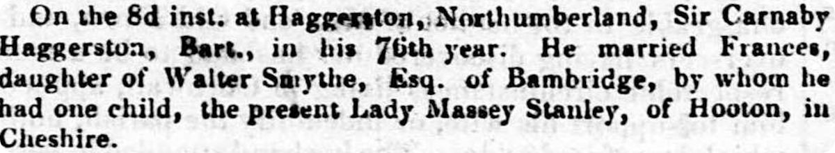 Death announcement of Carnaby Haggerston in 1831