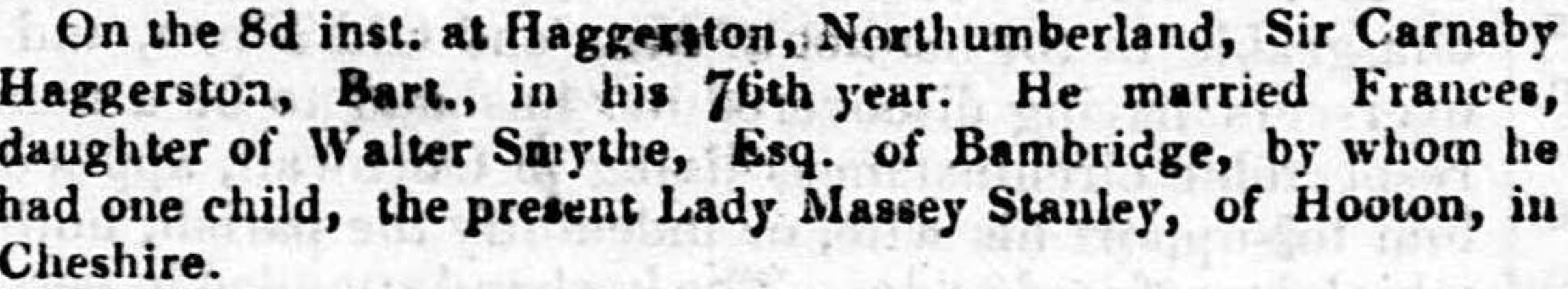 Death announcement of Carnaby Haggerston in 1831