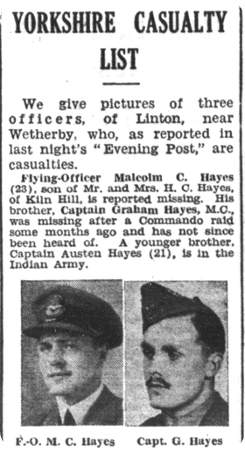 Hayes and his brother Malcolm were both reported missing in 1942, pictured in the Yorkshire Evening Post, 23 February 1943. 