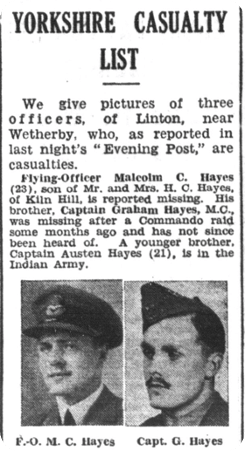 Hayes and his brother Malcolm were both reported missing in 1942, pictured in the Yorkshire Evening Post, 23 February 1943.