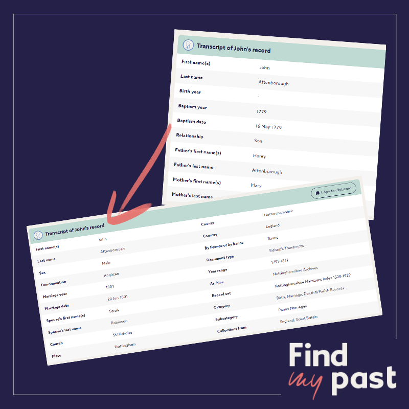 John's baptism record and marriage to Sarah.