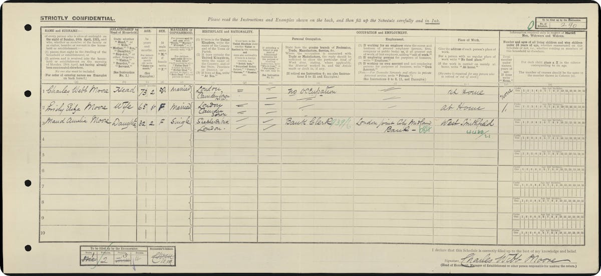 Charles Webb Moore's 1921 Census record.