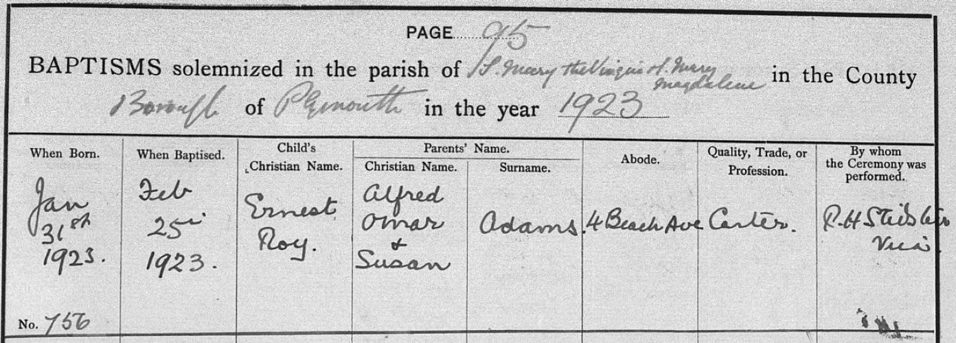The baptism of Ernest Roy Adams in 1923. View this record here