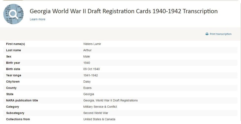 Transcription from Georgia World War II Draft Registration Cards 1940-1942