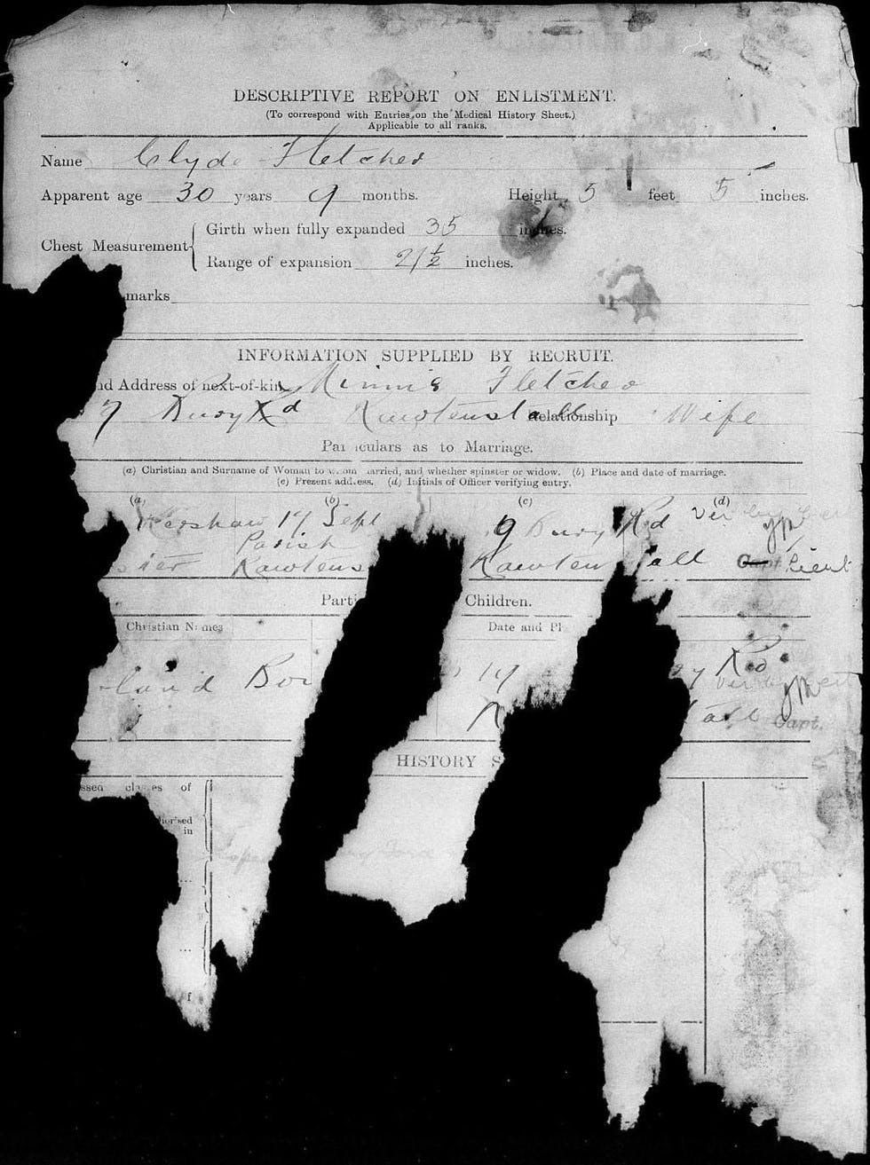 Partially torn page of a soldier's enlistment obscuring the names of his wife and child or children,British Army Service Records, http://findmypast.com, subscription database, accessed June 2017.