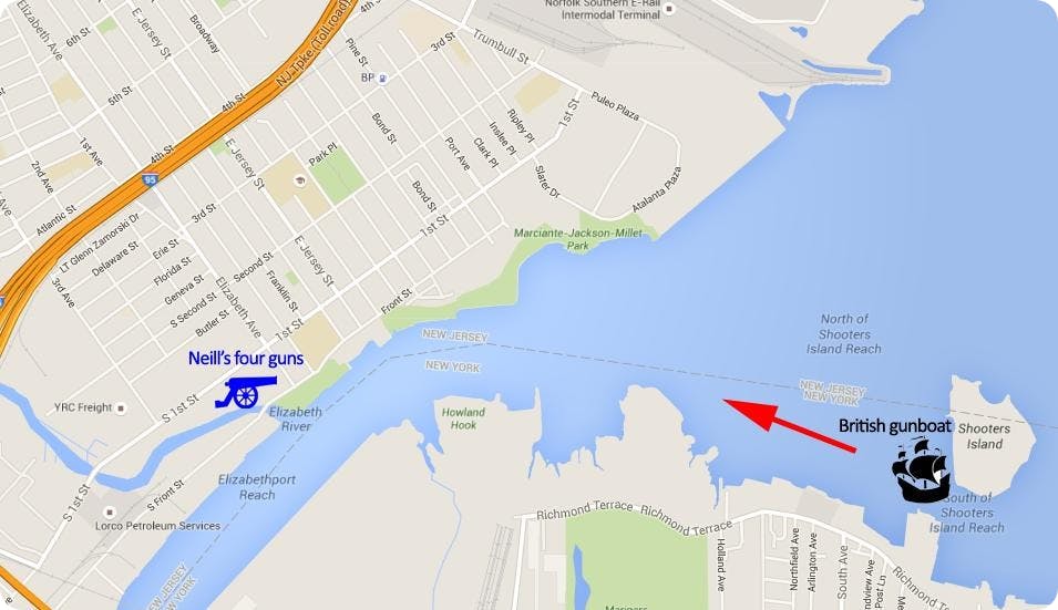 A modern day map showing the approximate locations of the British vessel and Neill's artillery unit. 