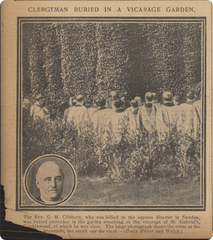 1912 newspaper article depicting Rev. George's burial in the vicarage garden