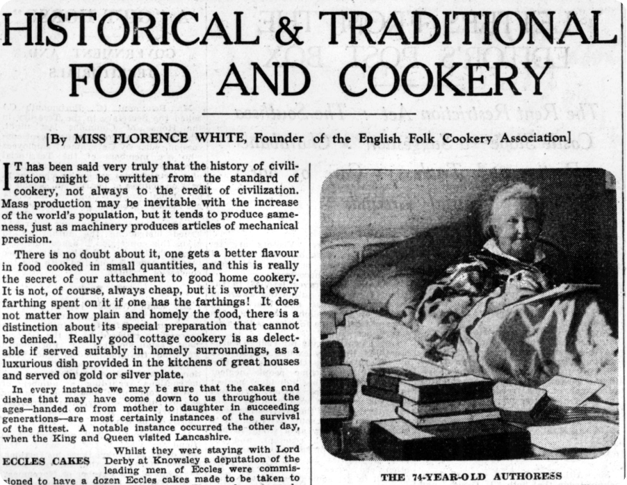 Just one example of Florence’s journalism, appearing in the Portsmouth Evening News, 15 June 1938, where she discusses the history of Eccles cakes and other similar foodstuffs.