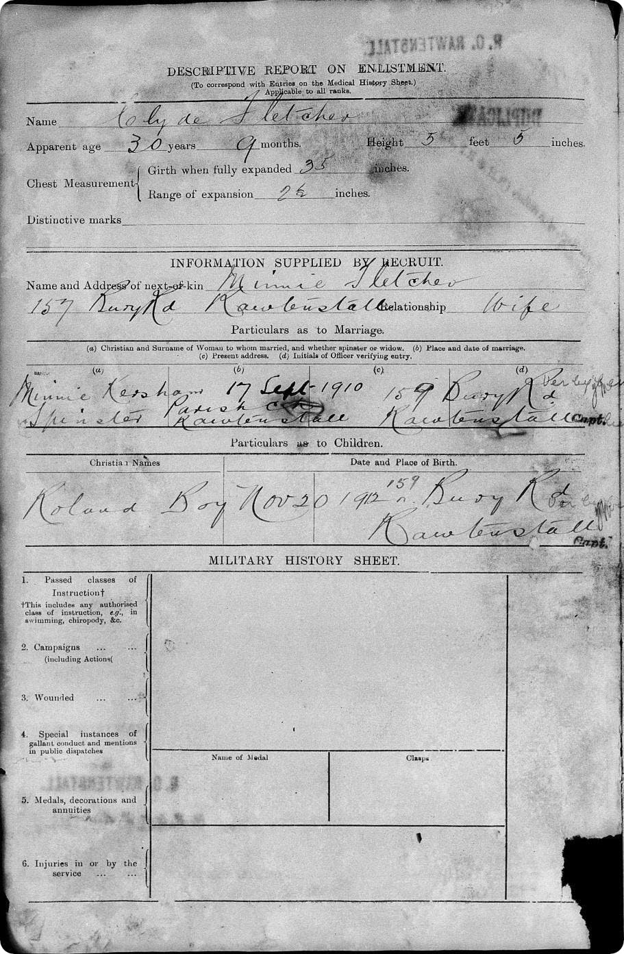 The same page of a soldier's enlistment before the damage was done to the document, British Army Service Records, http://findmypast.com, subscription database, accessed June 2017.