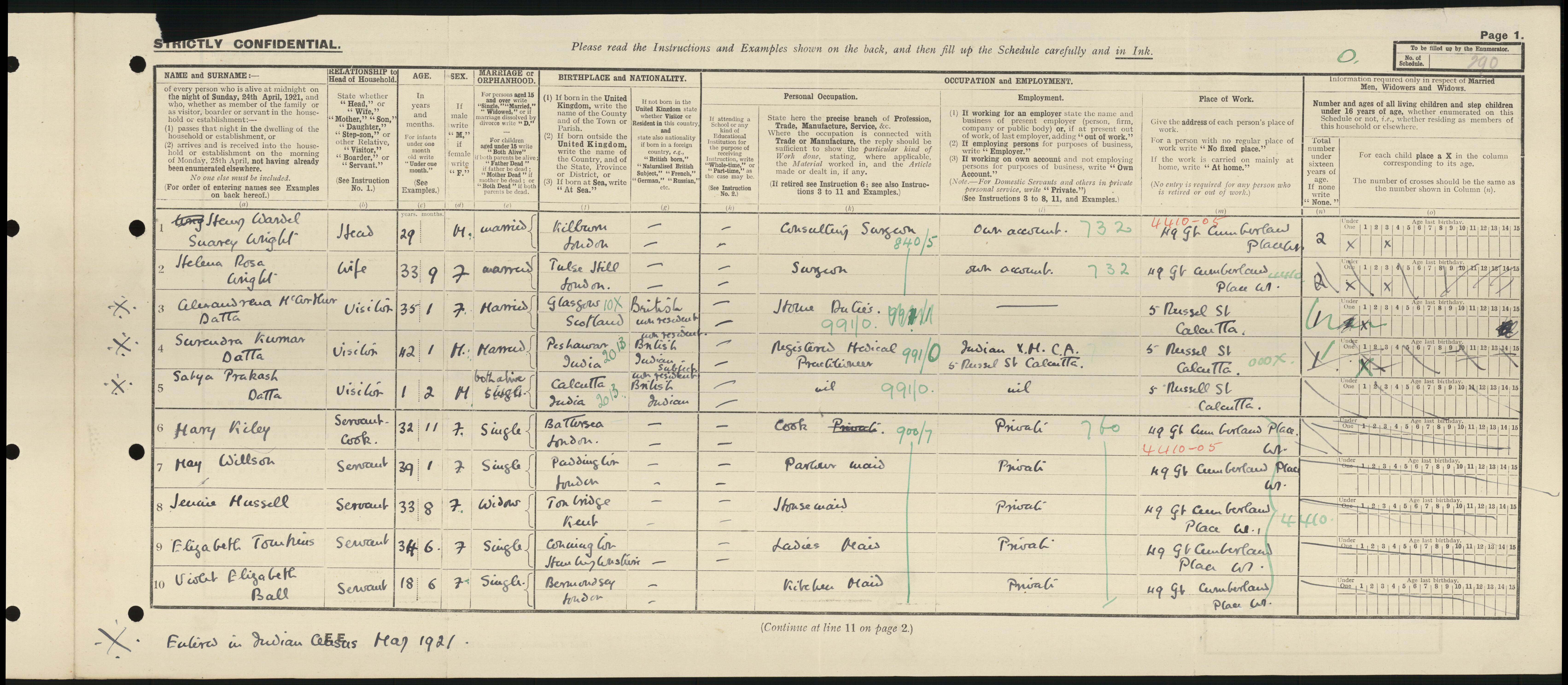 Helena Rosa Wright's 1921 Census return.