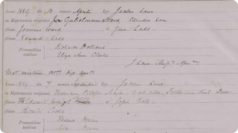An example of a Catholic marriage record, dating back to 1889