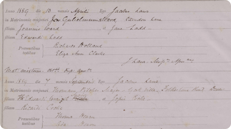 A Catholic marriage record, dating back to 1889.