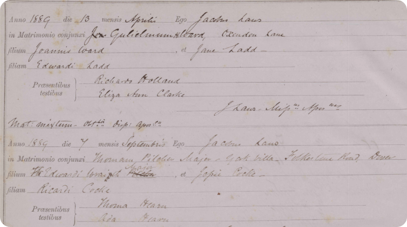 A Catholic marriage record, dating back to 1889. View this record here.