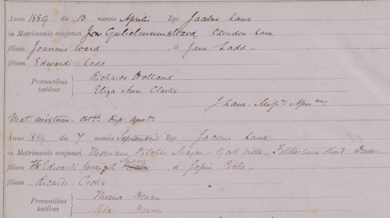 A Catholic marriage record, dating back to 1889. View this record here.