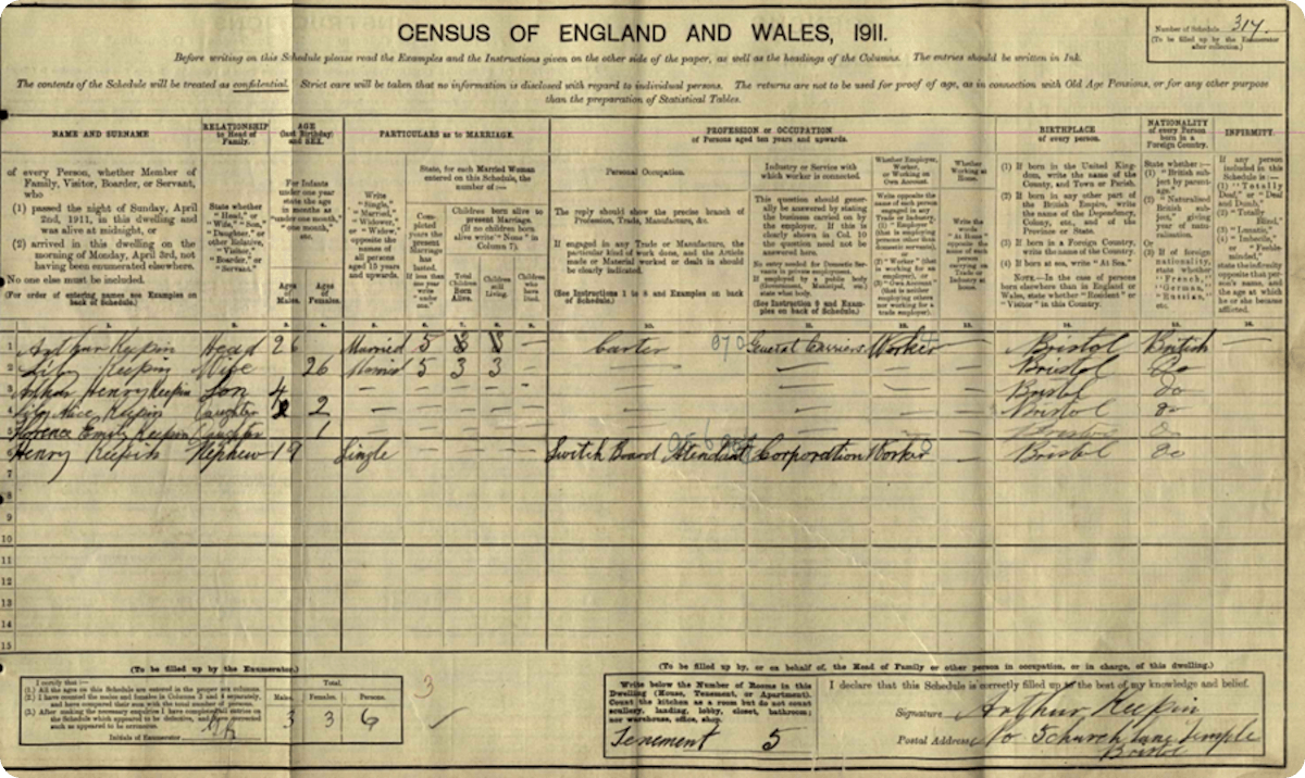 Harry in the household of his uncle Albert in the 1911 Census.