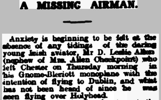 'A Missing Airman', Evening News (Waterford), 1912.