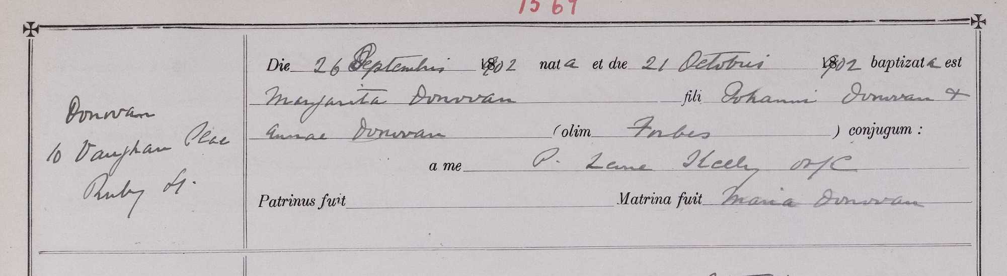The baptism record of Margarita Donovan, 1902.