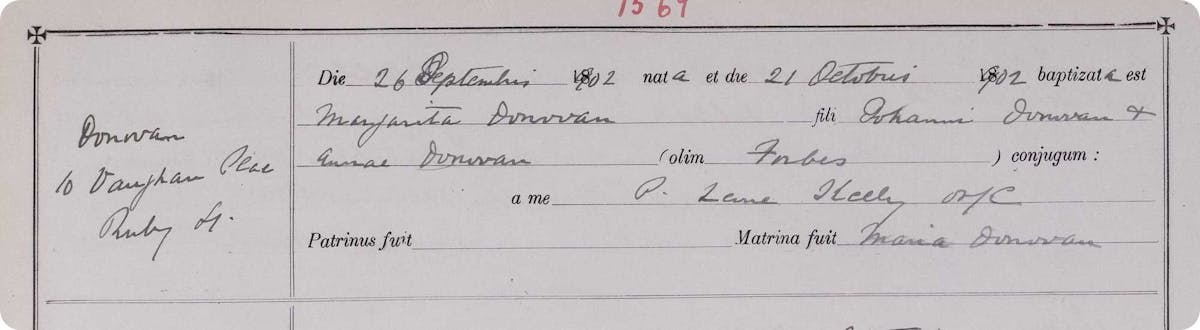 The baptism record of Margarita Donovan, 1902.