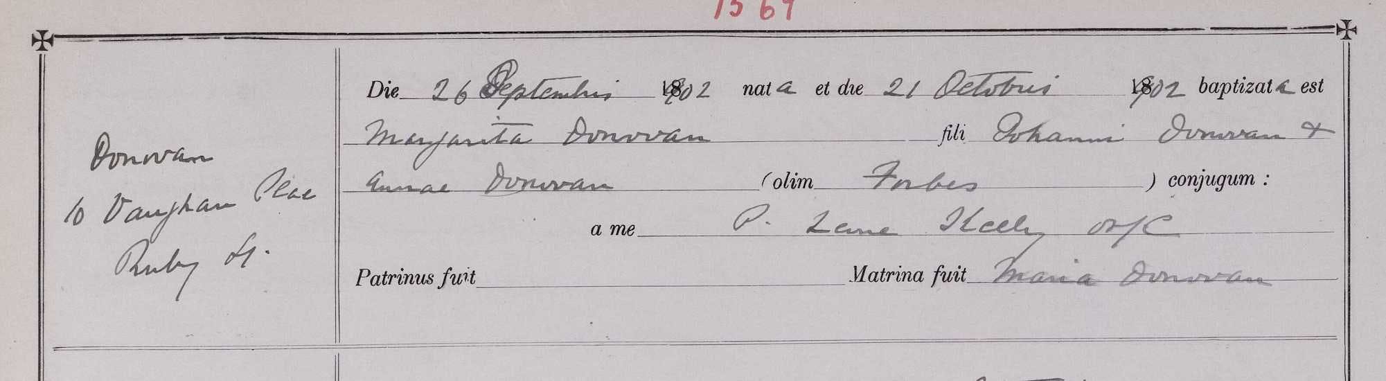The baptism record of Margarita Donovan, 1902.