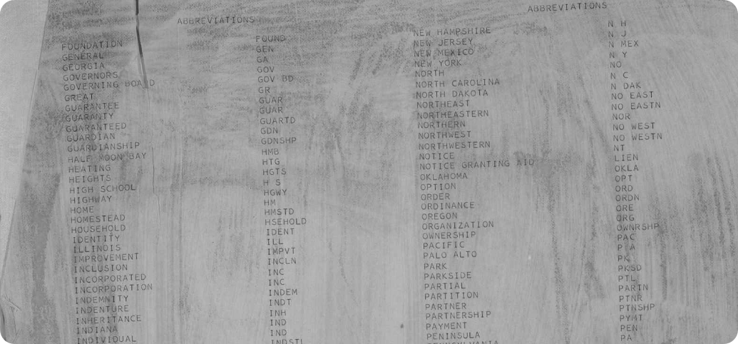 A list of abbreviations found in the San Mateo County Records. 