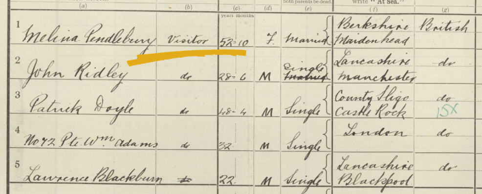 A 1921 Census return with eight people listed as visitors. View this record here.