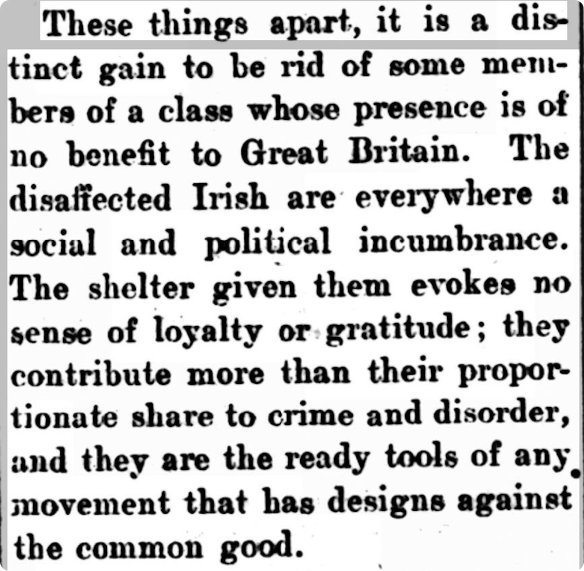 A 1923 newspaper article, denouncing Irish migrants as ungrateful criminals