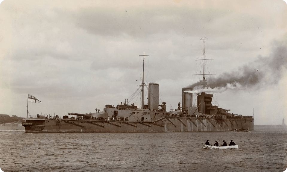The HMS Queen Mary leaving Palmer's Shipyard, 1913. She was sunk in 1916 at the Battle of Jutland. Courtesy of Tyne and Wear Archives.