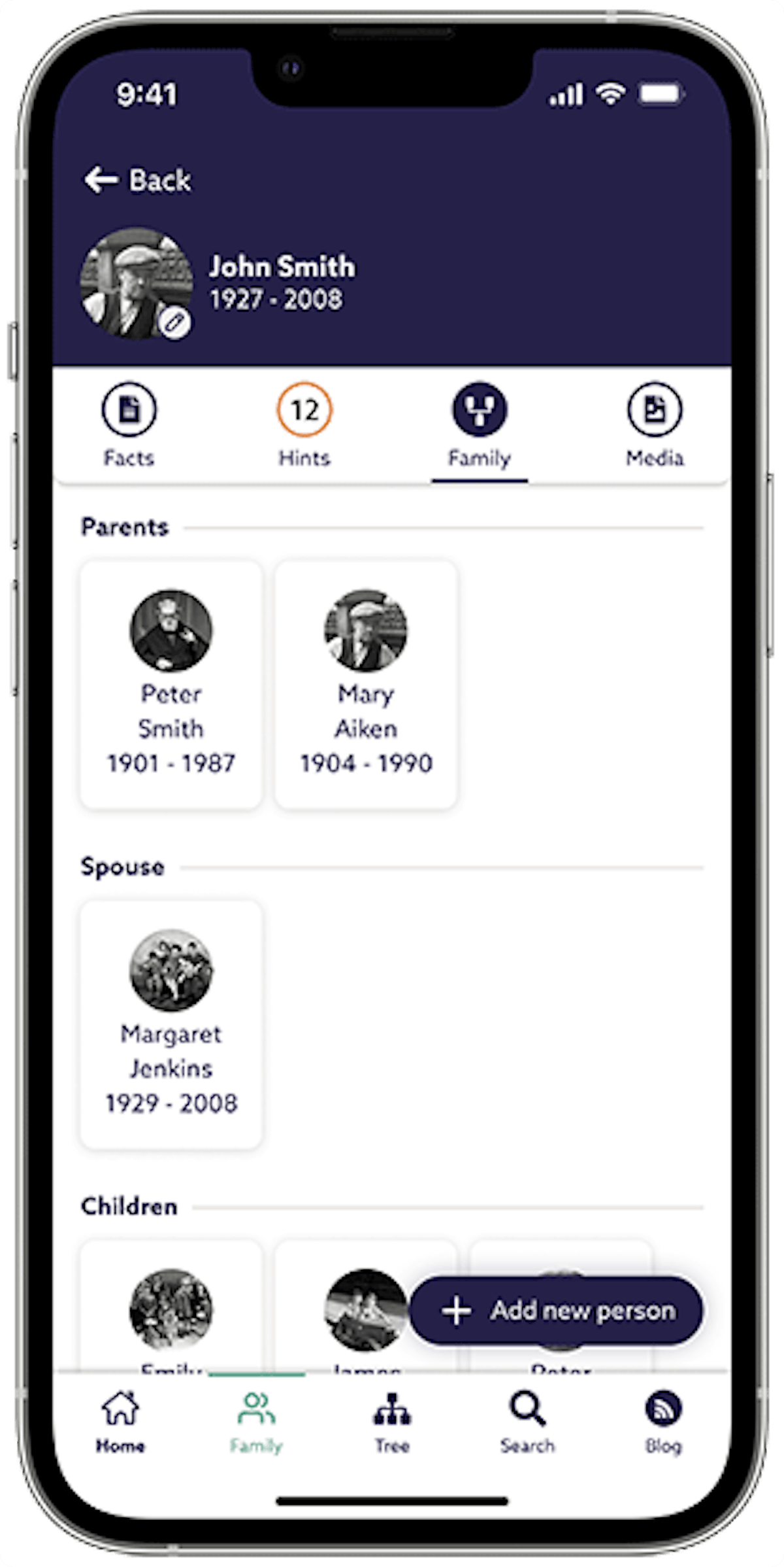 Family tab in profiles of the Findmypast app